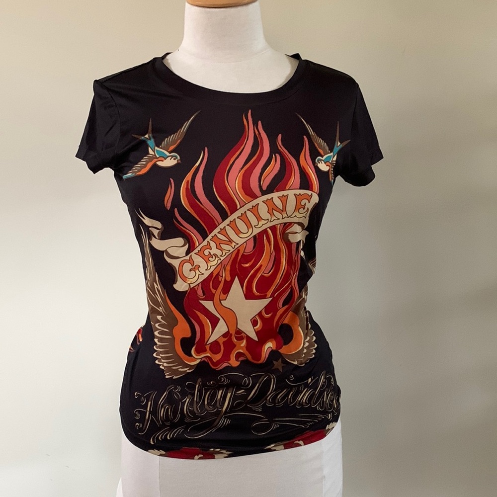 Harley-Davidson Black Tee with Red & Orange Flame Graphic